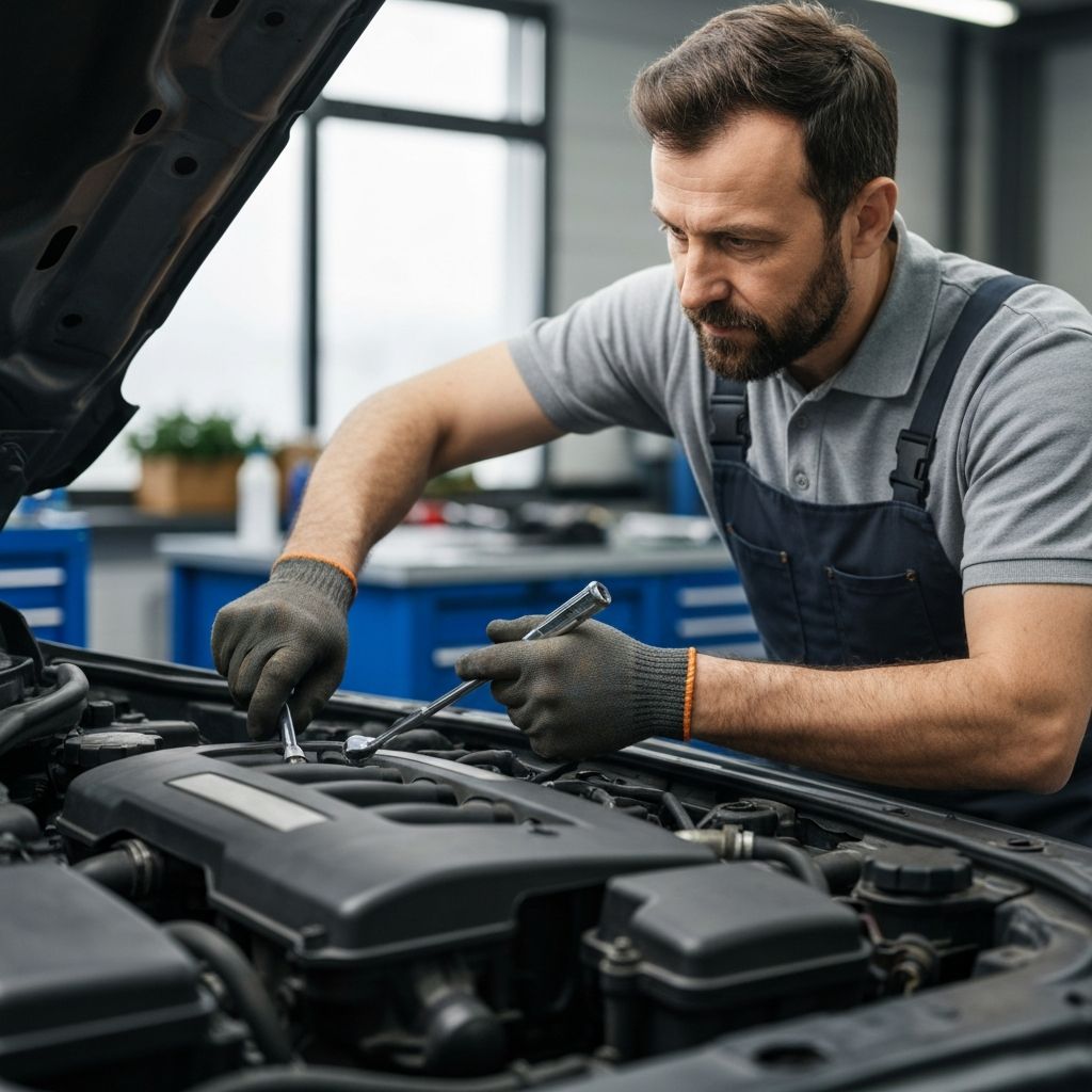 Professional mechanic performing car maintenance